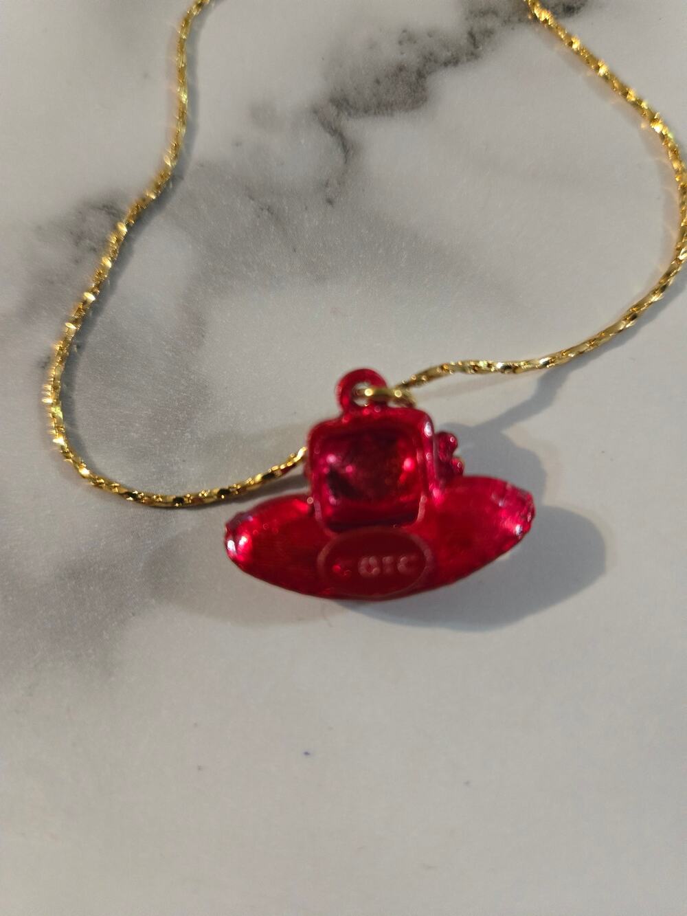Vintage OTC Signed Red Hat Society Acrylic Pendant Gold Tone Chain Necklace